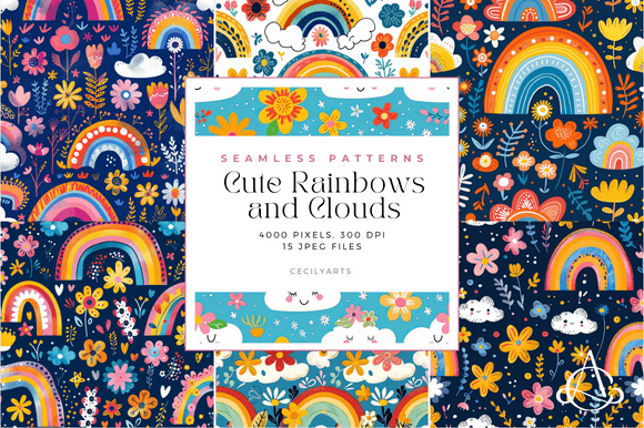 Cute Rainbows Clouds Seamless Patterns: Elevate Your Crafting Projects with Vibrant Digital Papers