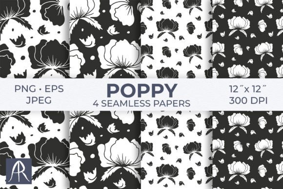 Monochrome Poppy Flower Patterns: A Versatile Design Asset for Creative Projects