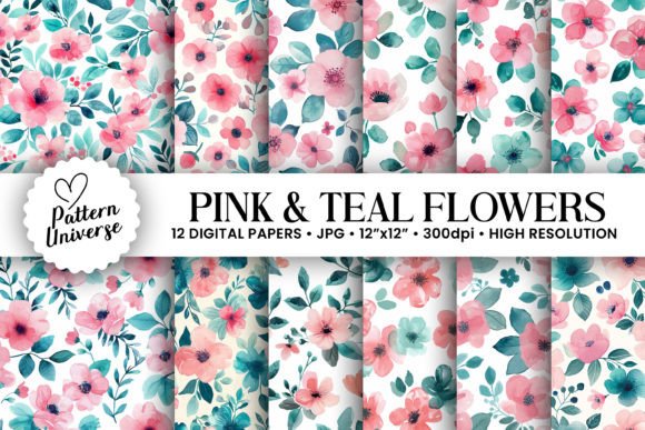 Pink Teal Watercolor Flowers Patterns for Creative Projects