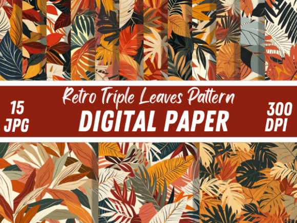 Retro Triple Leaf Digital Paper Patterns