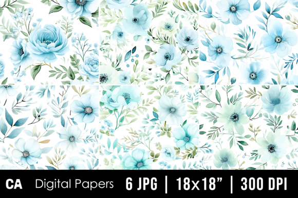 Watercolor Aqua Floral Seamless Patterns