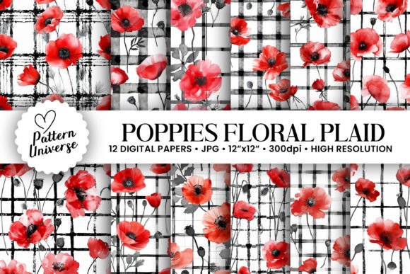 Watercolor Poppies Floral Plaid Patterns