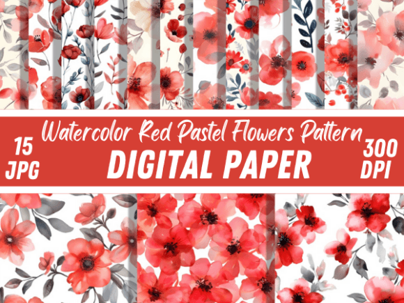 Watercolor Red Pastel Flowers Patterns