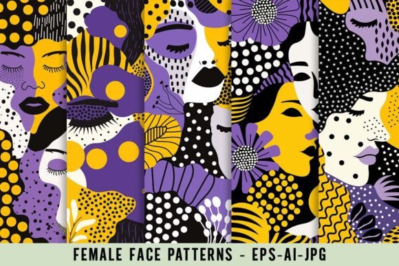 Yellow and Purple Female Faces Patterns: A Fusion of Color and Expression